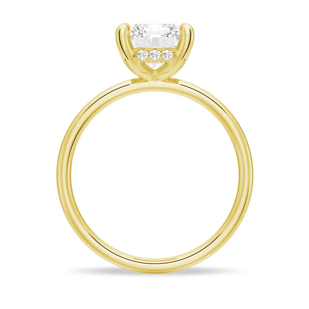 Profile view of Radiant Cut Moissanite Solitaire Engagement Ring with 4 Prong Setting in Yellow Gold 
