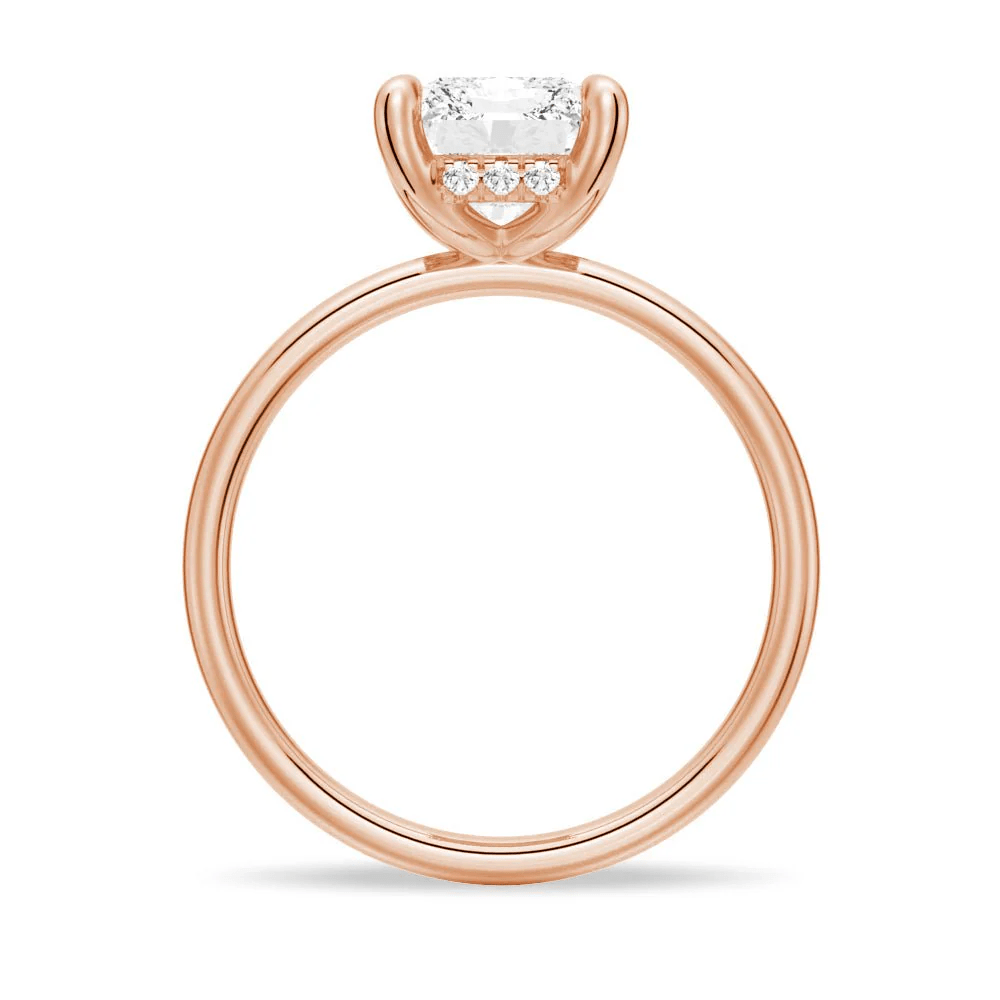 Profile view of Radiant Cut Moissanite Solitaire Engagement Ring with 4 Prong Setting in Rose Gold - Novelle Vow