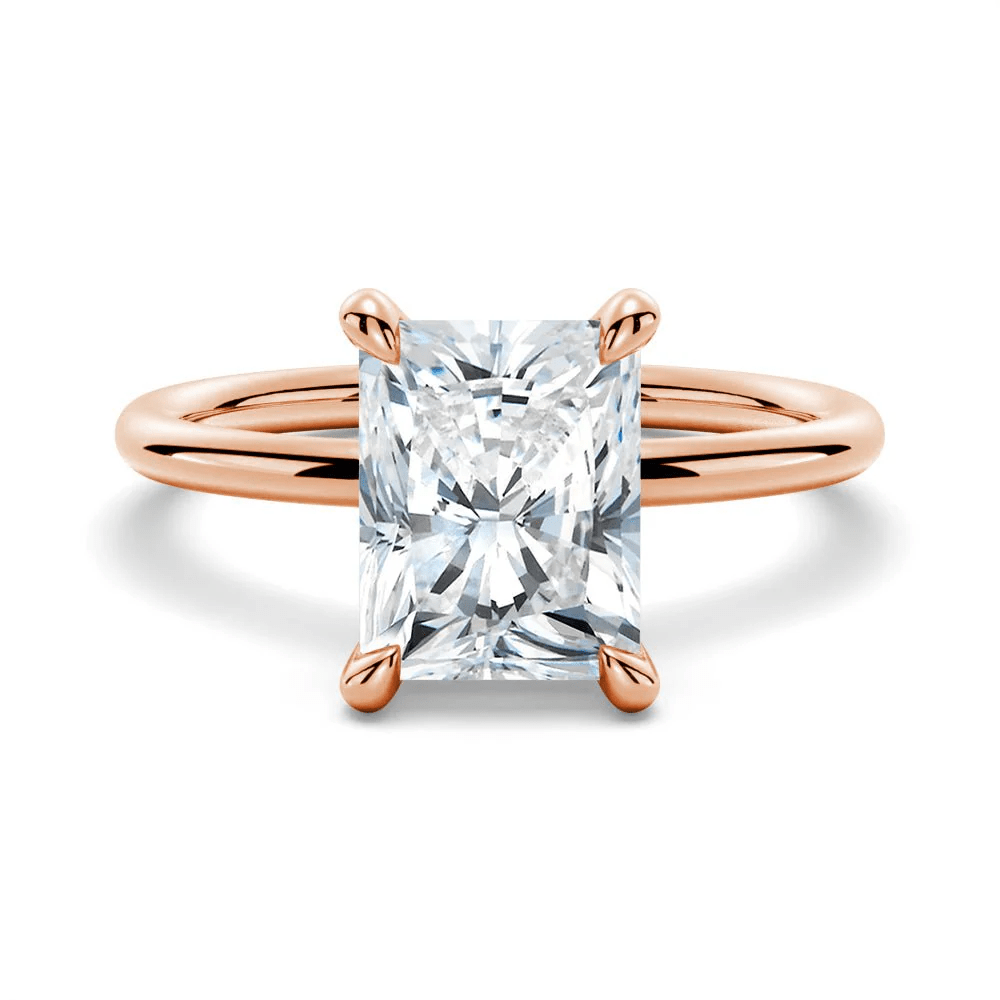 Radiant Cut Moissanite Solitaire Engagement Ring with 4 Prong Setting in Rose Gold - Novelle Vow