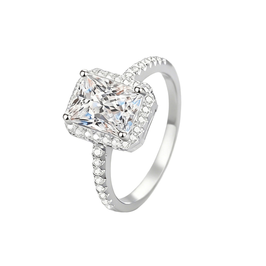 Angled profile view of Radiant Cut Moissanite Halo Engagement Ring with Pave Band in White Gold 