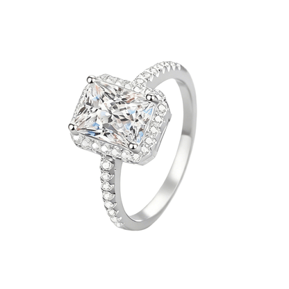 Angled profile view of Radiant Cut Moissanite Halo Engagement Ring with Pave Band in White Gold 