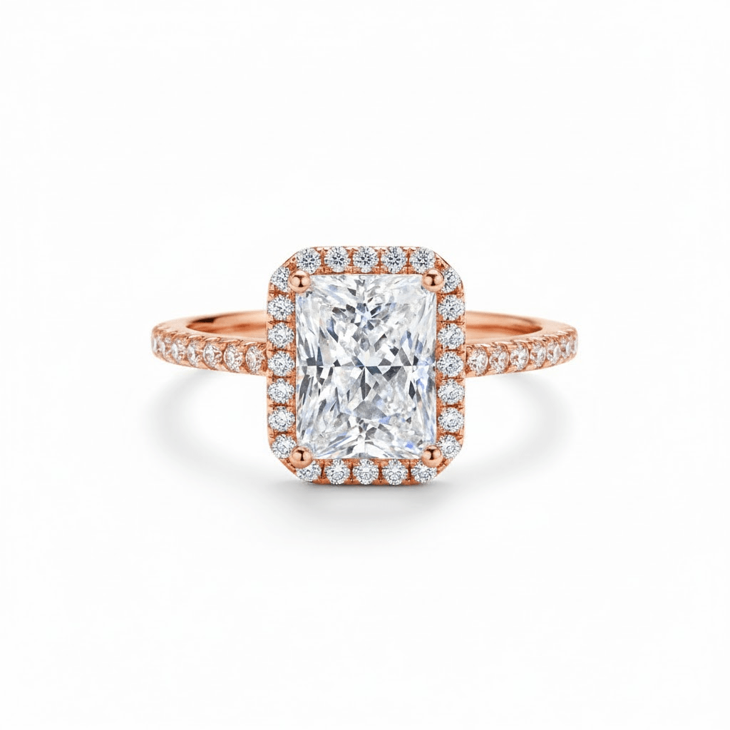 Radiant Cut Moissanite Halo Engagement Ring with Pave Band in Rose Gold