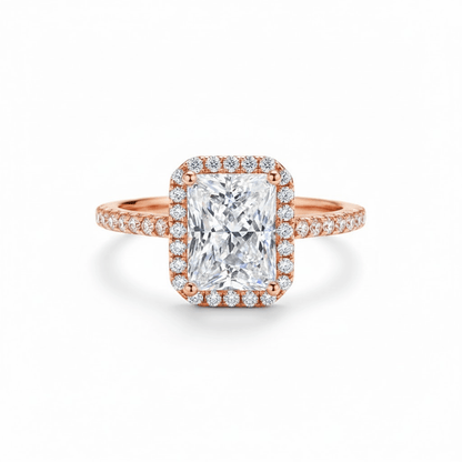 Radiant Cut Moissanite Halo Engagement Ring with Pave Band in Rose Gold