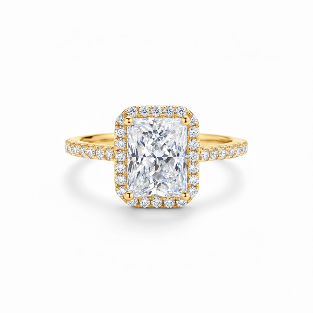 Radiant Cut Moissanite Halo Engagement Ring with Pave Band in Yellow Gold - Novelle Vow