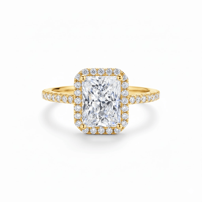 Radiant Cut Moissanite Halo Engagement Ring with Pave Band in Yellow Gold - Novelle Vow