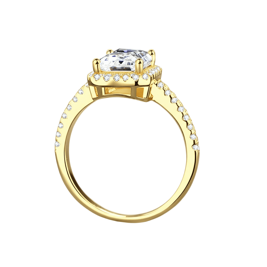Profile view of Radiant Cut Moissanite Halo Engagement Ring with Pave Band in Yellow Gold