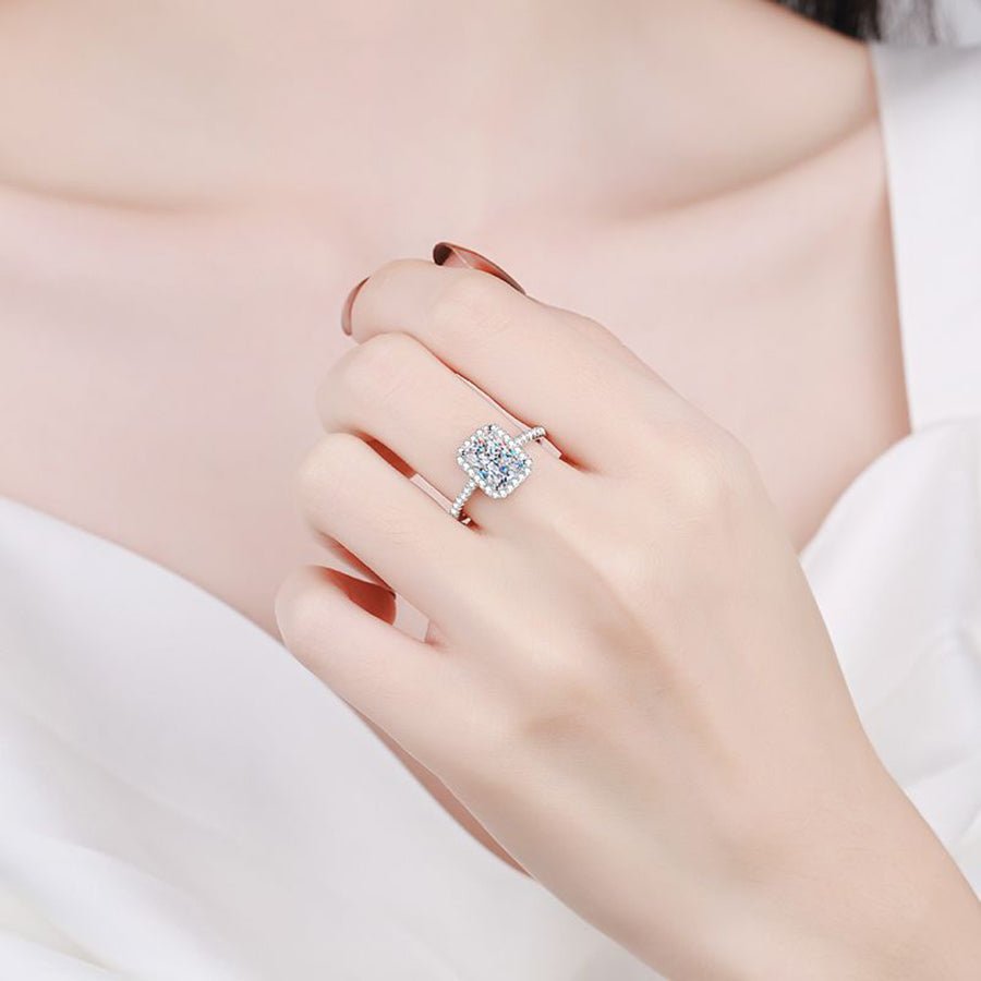 Radiant Cut Moissanite Halo Engagement Ring with Pave Band in White Gold on hand styling 
