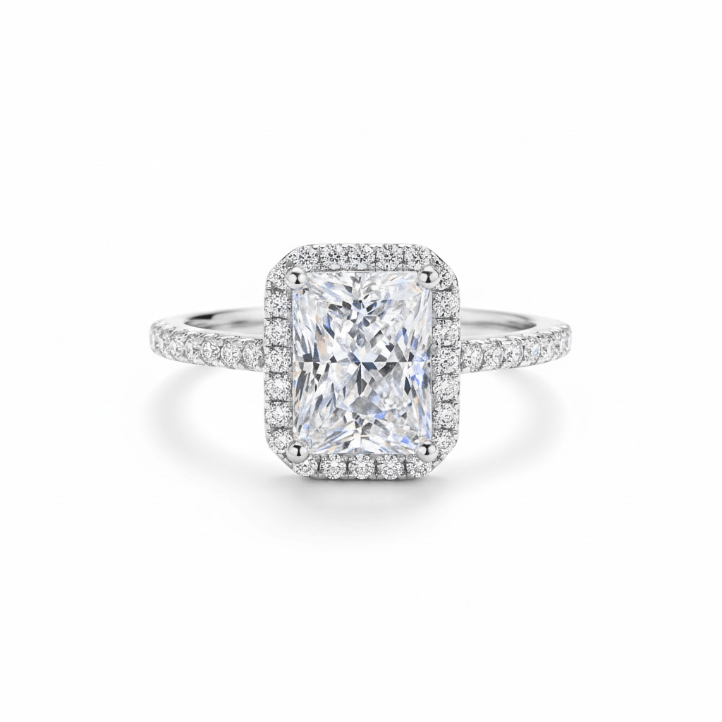 Radiant Cut Moissanite Halo Engagement Ring with Pave Band in White Gold - Novelle Vow