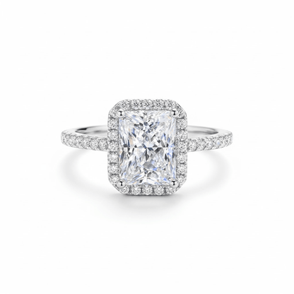 Radiant Cut Moissanite Halo Engagement Ring with Pave Band in White Gold - Novelle Vow