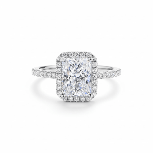 Radiant Cut Moissanite Halo Engagement Ring with Pave Band in White Gold - Novelle Vow