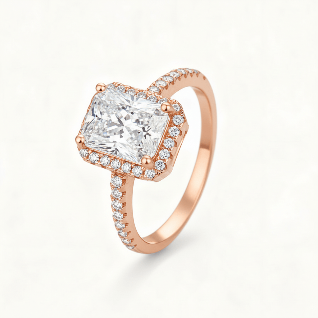 Angled profile view of Radiant Cut Moissanite Halo Engagement Ring with Pave Band in Rose Gold 