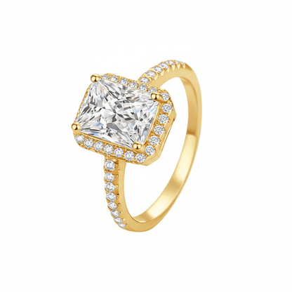 Angled profile view of Radiant Cut Moissanite Halo Engagement Ring with Pave Band in Yellow Gold