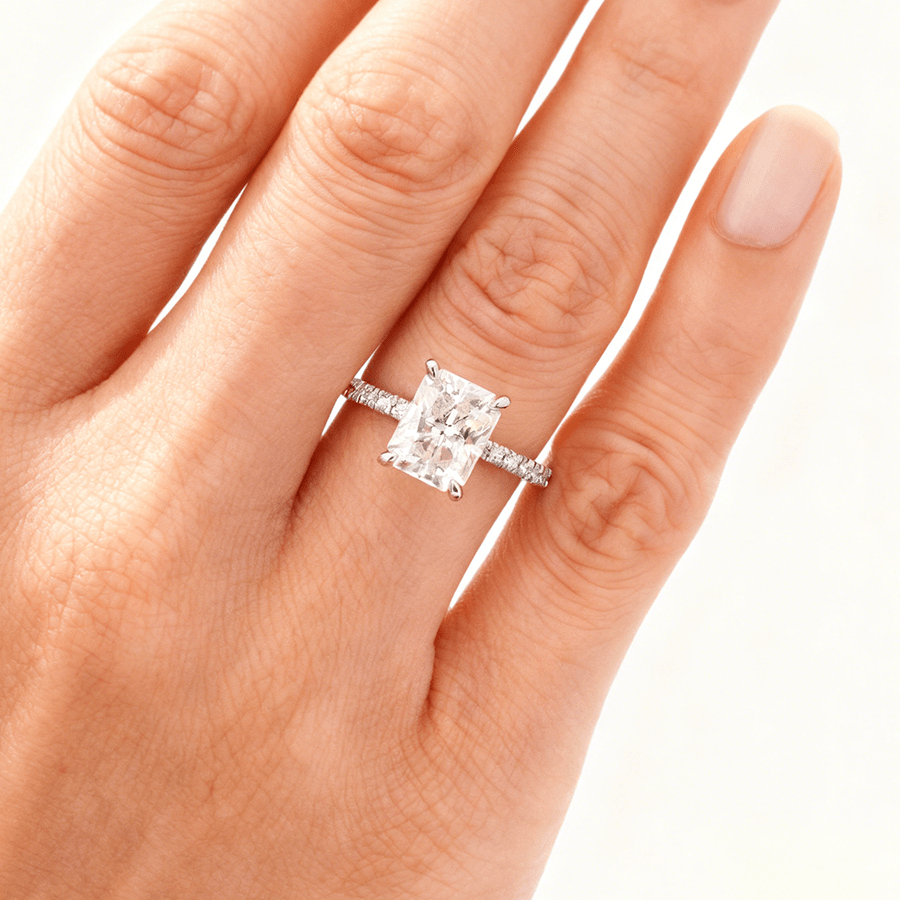 Radiant Cut Moissanite Engagement Ring with Eternity Pave Band in White Gold on hand styling - Novelle Vow