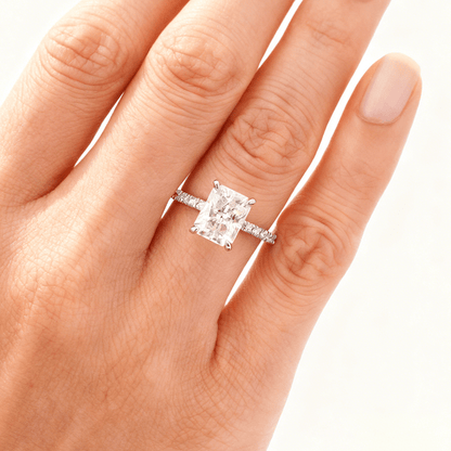 Radiant Cut Moissanite Engagement Ring with Eternity Pave Band in White Gold on hand styling - Novelle Vow