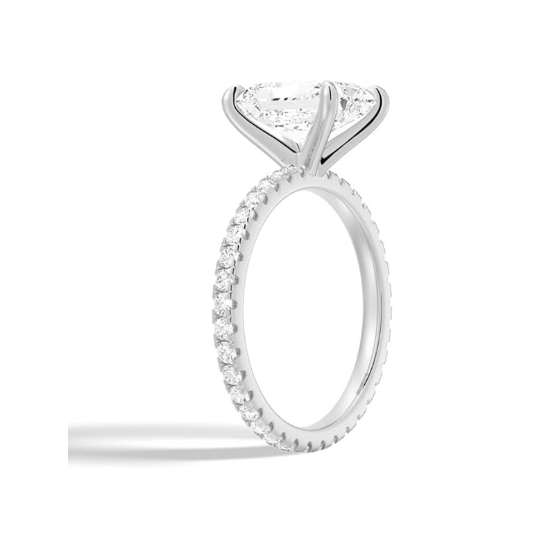 Angled profile view of Radiant Cut Moissanite Engagement Ring with Eternity Pave Band in White Gold