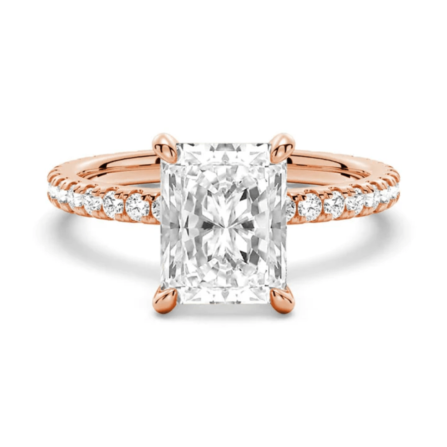 Radiant Cut Moissanite Engagement Ring with Eternity Pave Band in Rose Gold 