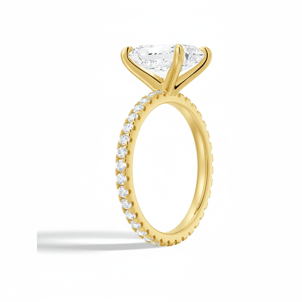 Profile view of  Radiant Cut Moissanite Engagement Ring with Eternity Pave Band in Yellow Gold 