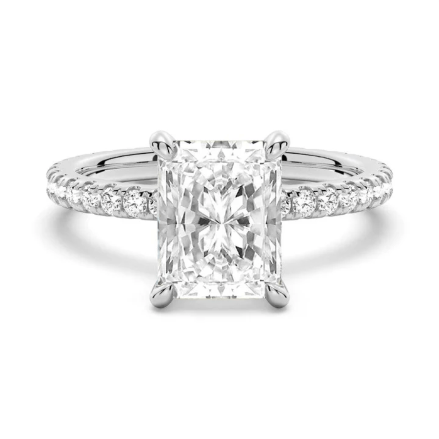 Radiant Cut Moissanite Engagement Ring with Eternity Pave Band in White Gold - Novelle Vow