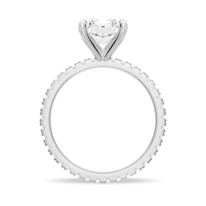 Profile view of  Radiant Cut Moissanite Engagement Ring with Eternity Pave Band in White Gold