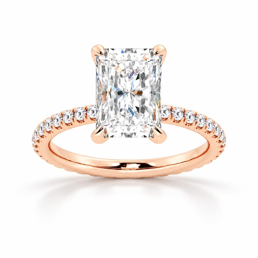 Rose gold 5ct radiant cut moissanite engagement ring top view with micro pave diamond band