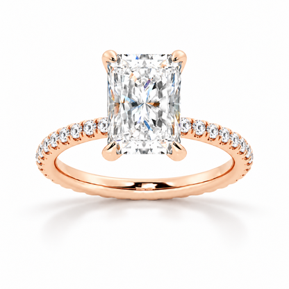 Rose gold 5ct radiant cut moissanite engagement ring top view with micro pave diamond band