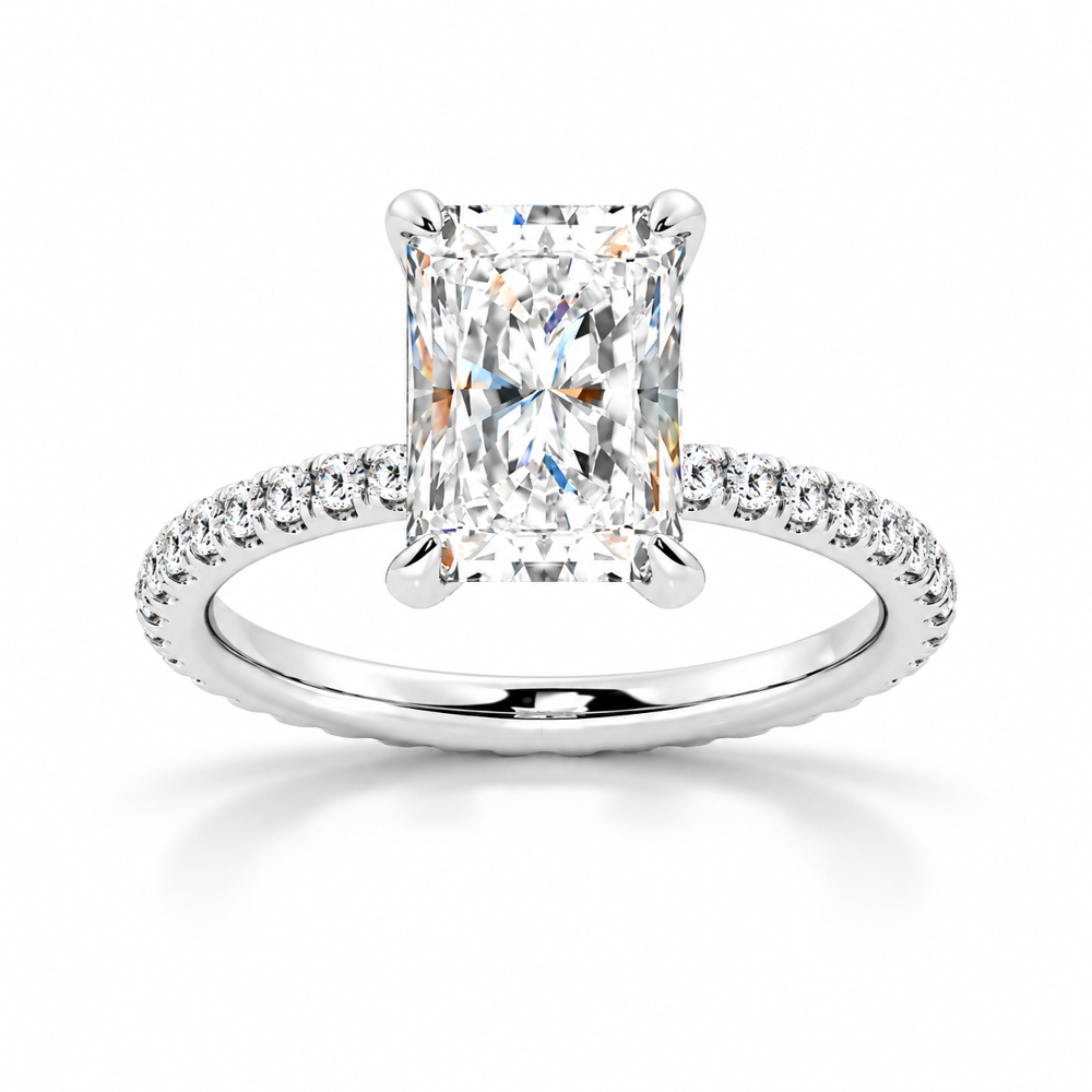 White gold 5ct radiant cut moissanite engagement ring top view with micro pave diamond band-Novelle Vow