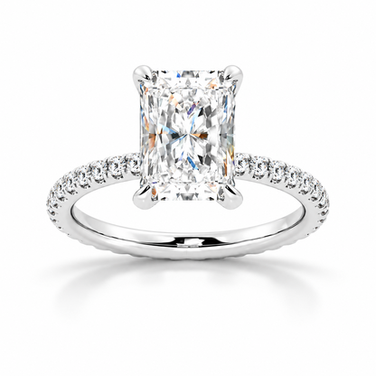 White gold 5ct radiant cut moissanite engagement ring top view with micro pave diamond band-Novelle Vow