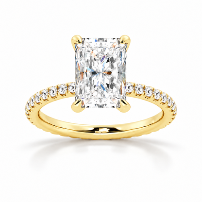Yellow gold 5ct radiant cut moissanite engagement ring top view with micro pave diamond band