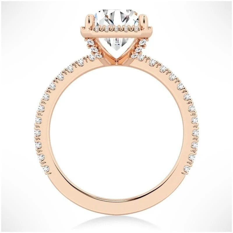 Rose gold radiant cut moissanite halo engagement ring side profile view showing pave shank