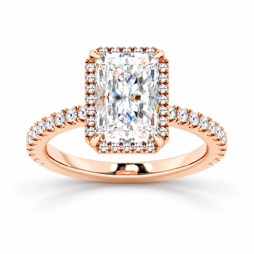 Rose gold radiant cut moissanite halo engagement ring top view with pave diamond band