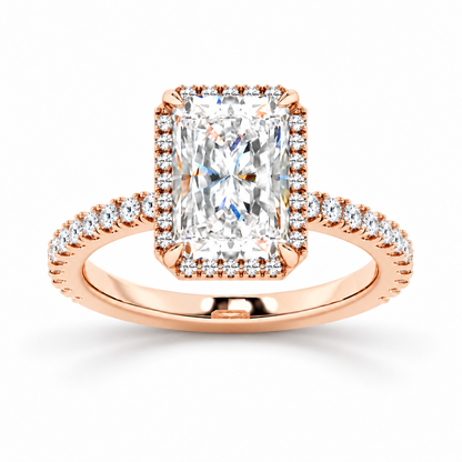 Rose gold radiant cut moissanite halo engagement ring top view with pave diamond band