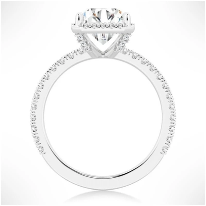 White gold radiant cut moissanite halo engagement ring side profile view showing pave shank