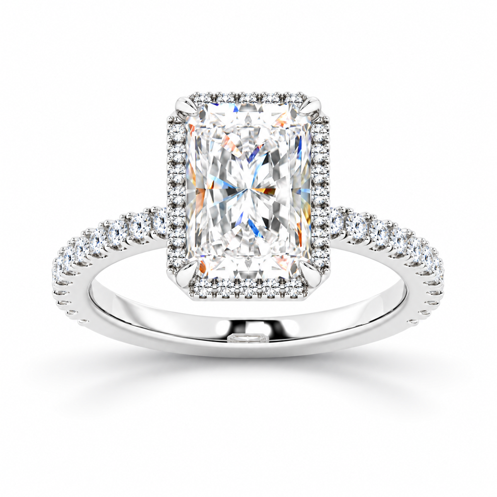 White gold radiant cut moissanite halo engagement ring top view with pave diamond band-Novelle Vow