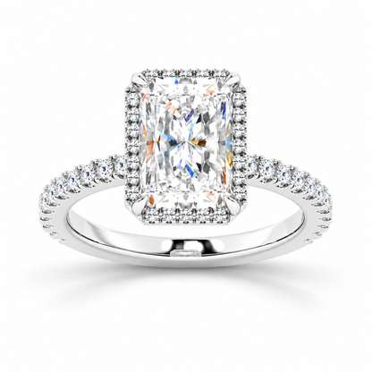White gold radiant cut moissanite halo engagement ring top view with pave diamond band-Novelle Vow