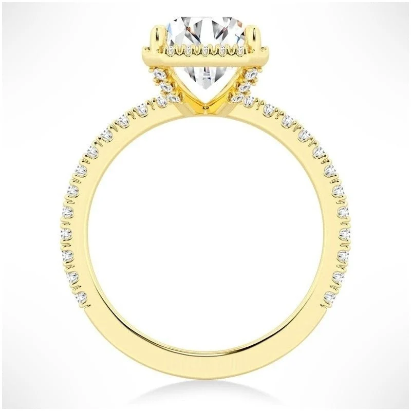Yellow gold radiant cut moissanite halo engagement ring side profile view showing pave shank