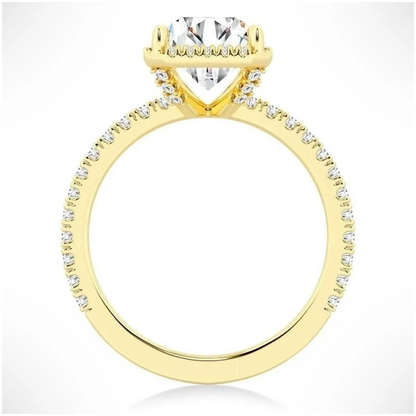 Yellow gold radiant cut moissanite halo engagement ring side profile view showing pave shank