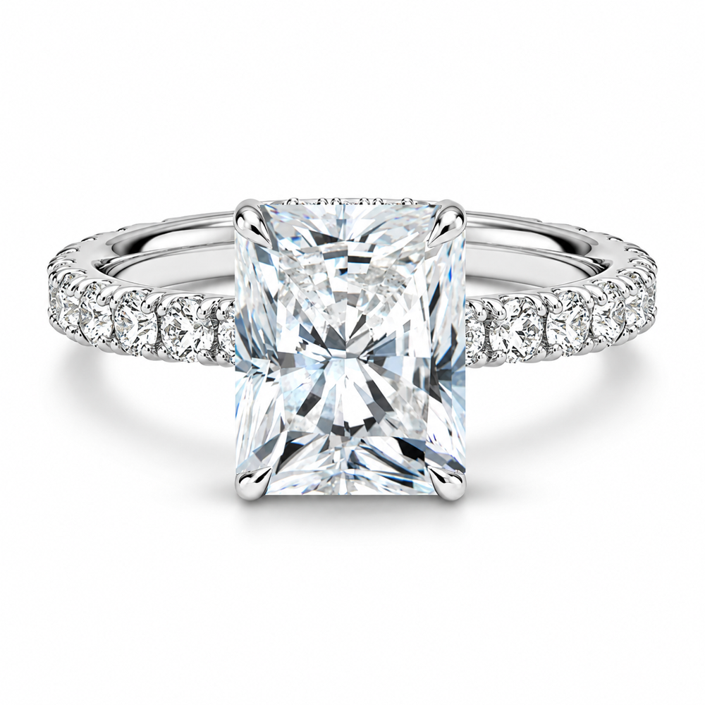 White gold radiant cut moissanite engagement ring top view with scalloped pave band-Novelle Vow