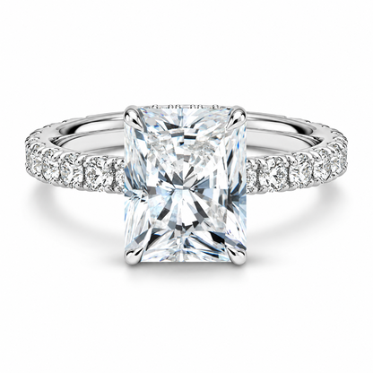 White gold radiant cut moissanite engagement ring top view with scalloped pave band-Novelle Vow