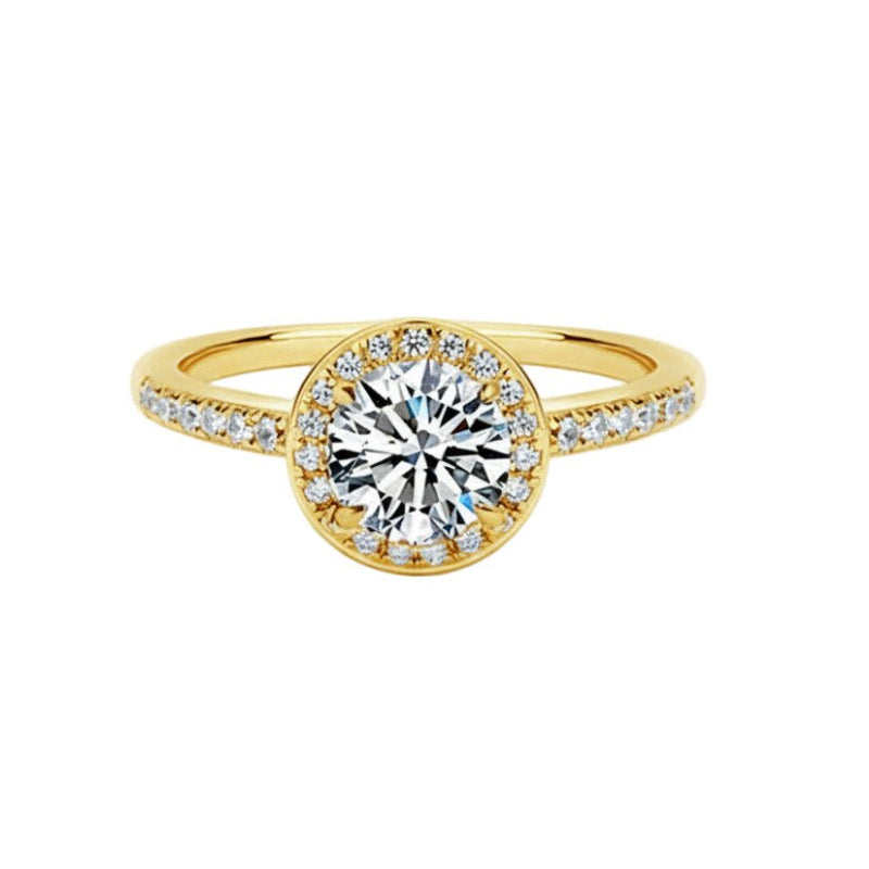 Radiant Round Cut Moissanite Halo Engagement Ring with Pave Band in Yellow Gold - Novelle Vow