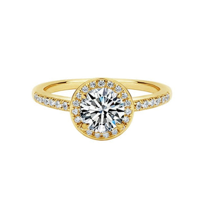 Radiant Round Cut Moissanite Halo Engagement Ring with Pave Band in Yellow Gold - Novelle Vow