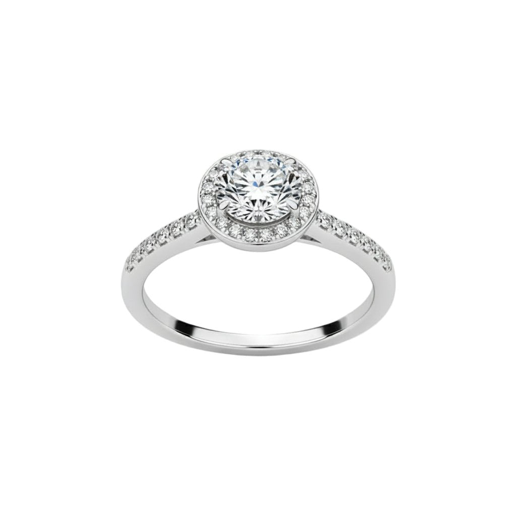 Angled view of Radiant Round Cut Moissanite Halo Engagement Ring