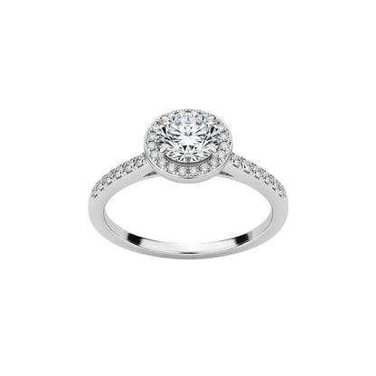 Angled view of Radiant Round Cut Moissanite Halo Engagement Ring