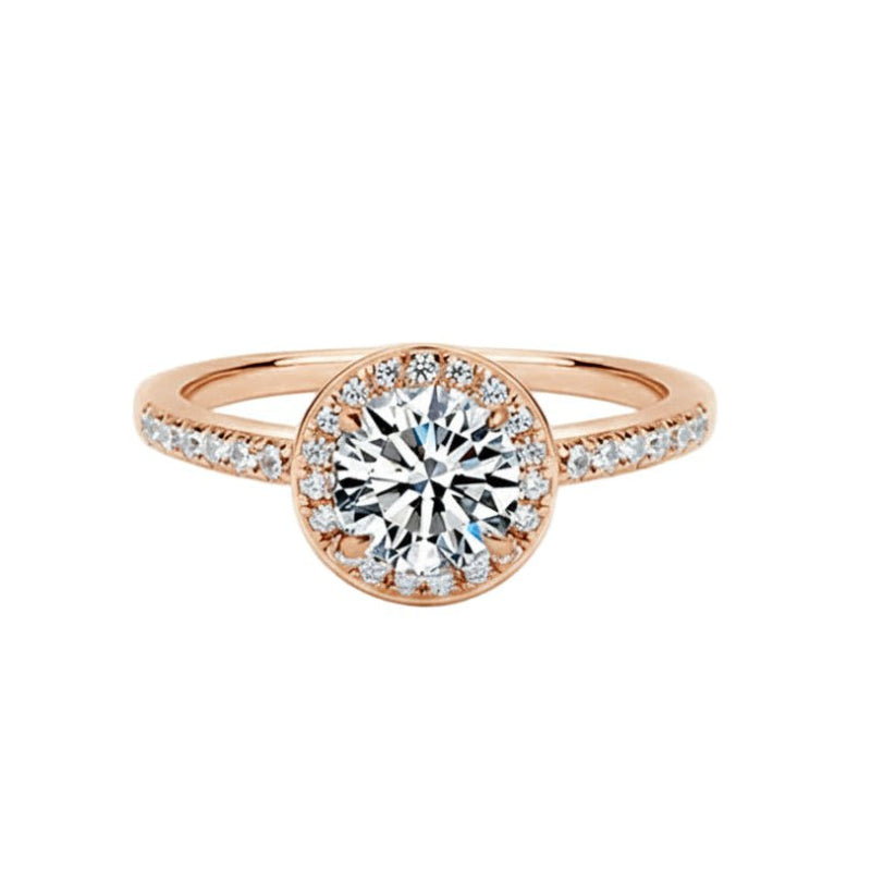 Radiant Round Cut Moissanite Halo Engagement Ring with Pave Band in Rose Gold