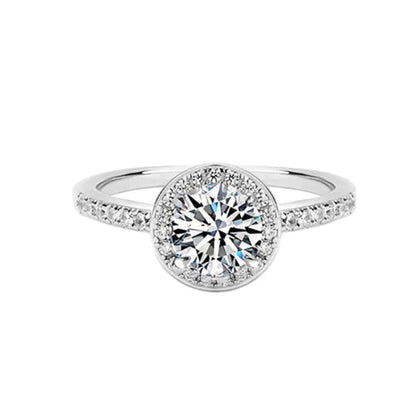 Radiant Round Cut Moissanite Halo Engagement Ring with Pave Band in White Gold - Novelle Vow