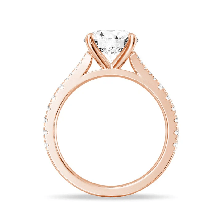 Angled view of Round Cut Split Shank Moissanite Engagement Ring in Rose Gold
