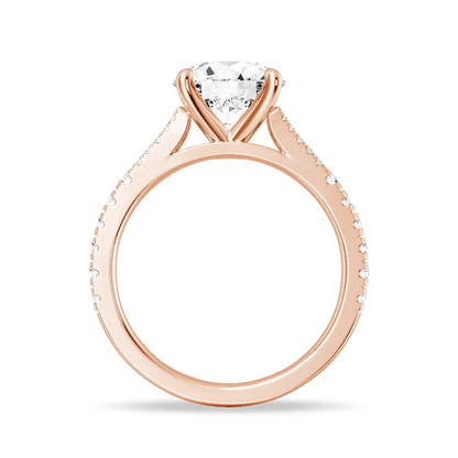 Angled view of Round Cut Split Shank Moissanite Engagement Ring in Rose Gold