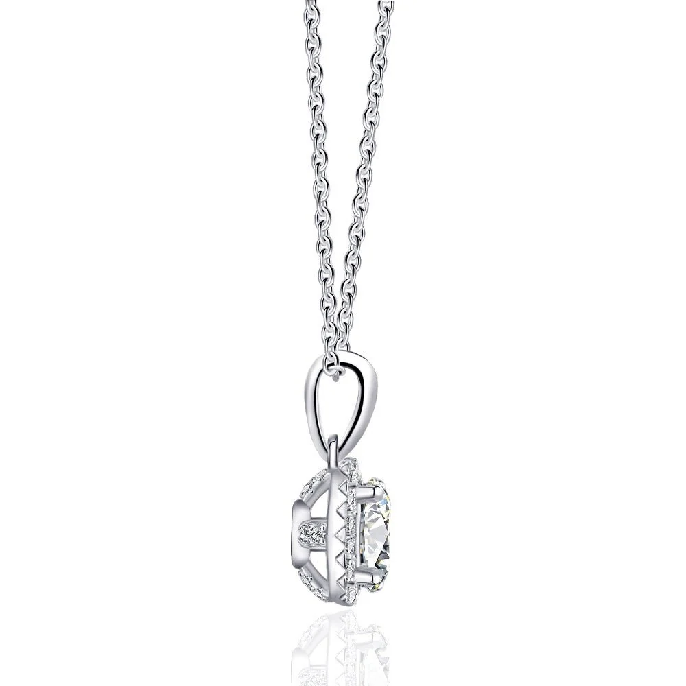 Round moissanite halo pendant necklace side profile view showing pavé halo basket and bail