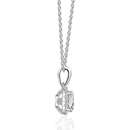 Round moissanite halo pendant necklace side profile view showing pavé halo basket and bail