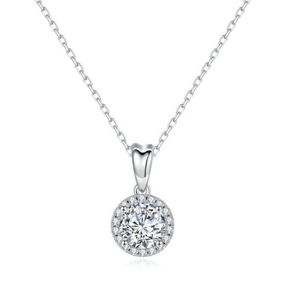 Round moissanite halo pendant necklace with pavé accents in rhodium-plated sterling silver top view-Novelle Vow