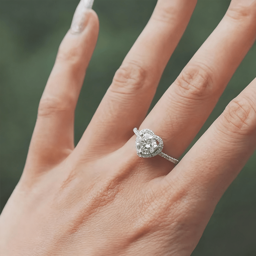 Round Moissanite Heart Halo Engagement Ring with Pavé Band - Novelle Vow